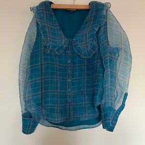 En Saison Blue Sheer Plaid Blouse